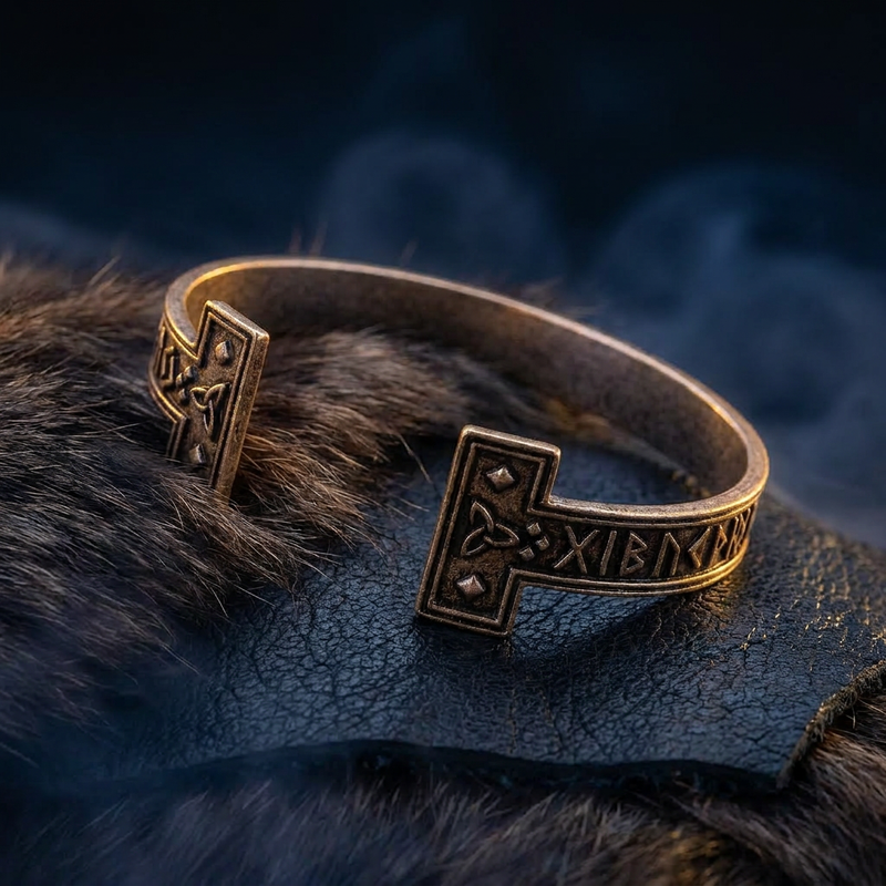 Bracelet Viking Mjöllnir de Thor en contexte nordique angle vue alternative