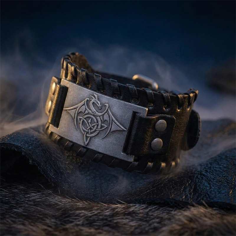 Bracelet Manchette Cuir Fafnir en contexte nordique angle vue alternative