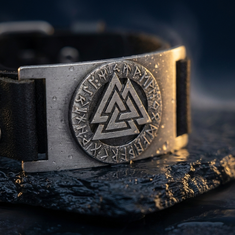 Bracelet Amulette Valknut en contexte nordique angle macro