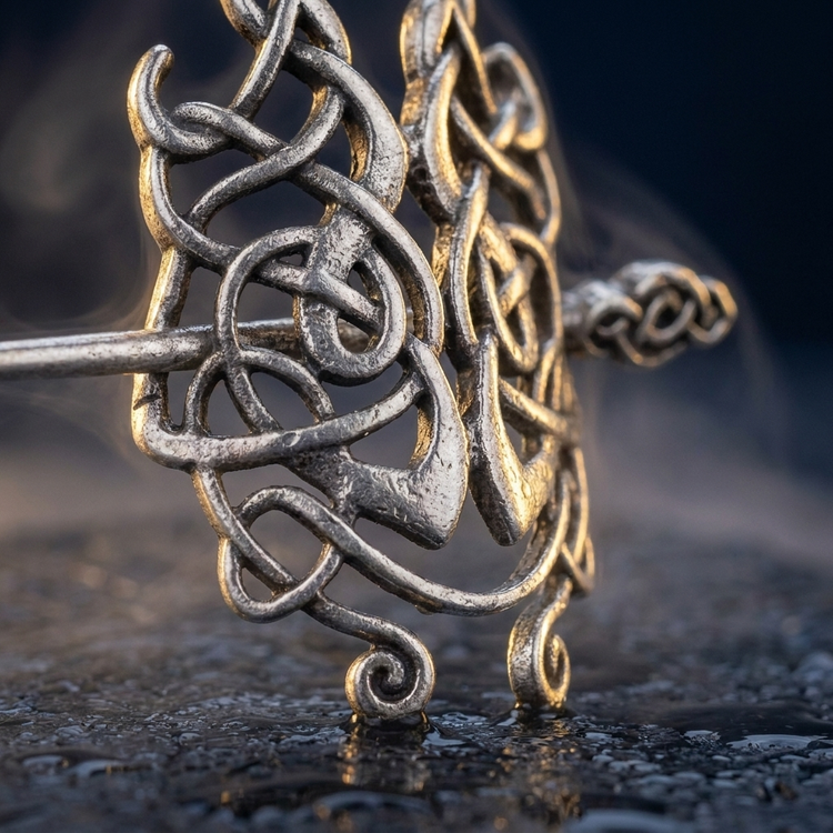 Broche Viking à Épingle en contexte nordique angle macro