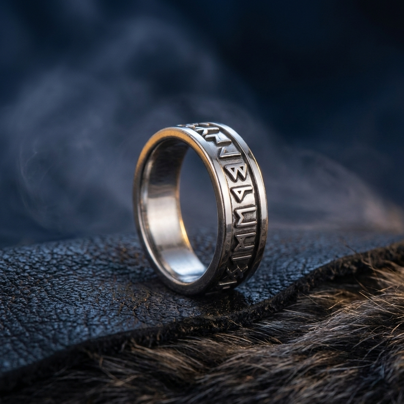 Anneau Runes Viking en contexte nordique angle vue alternative