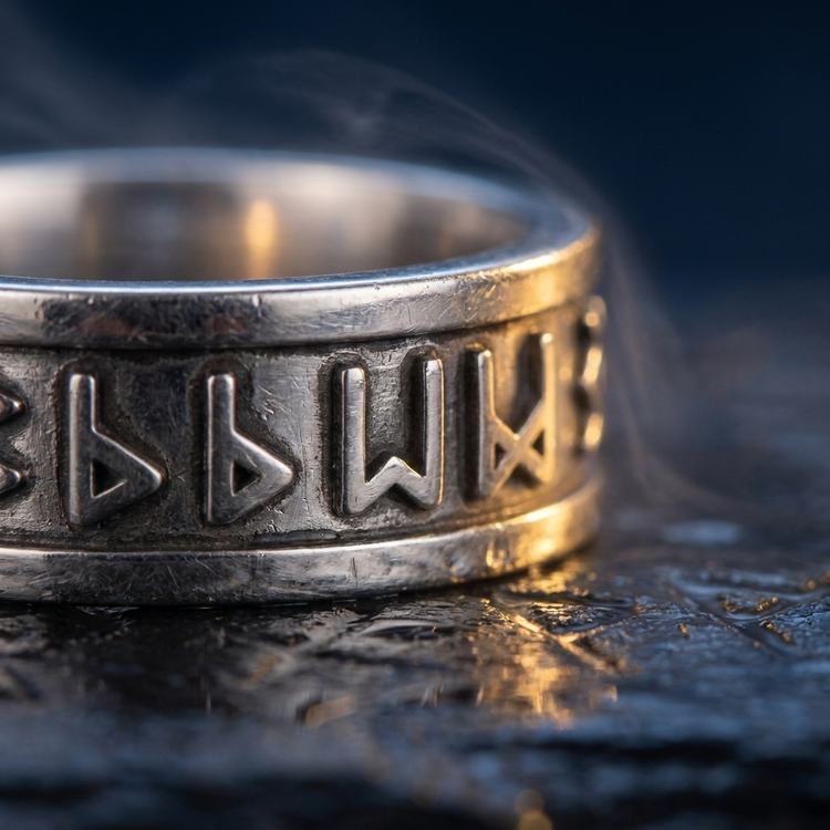 Anneau Runes Viking en contexte nordique angle macro