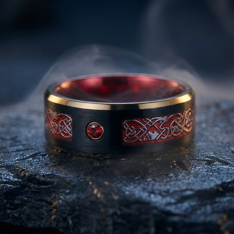 Anneau Viking Ragnarok en contexte nordique angle macro