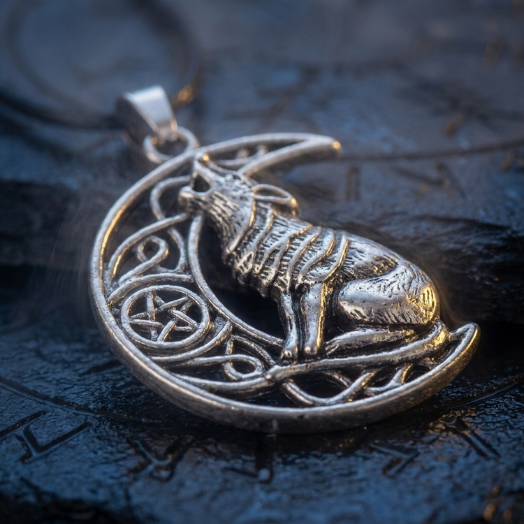Collier Lune et Loup Fenrir en contexte nordique angle macro