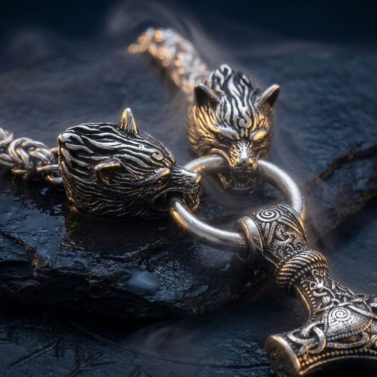 Collier Loup Viking - Marteau de Thor Mjöllnir en contexte nordique angle macro