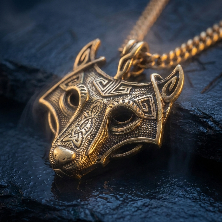 Collier Loup Viking Fenrir en contexte nordique angle macro