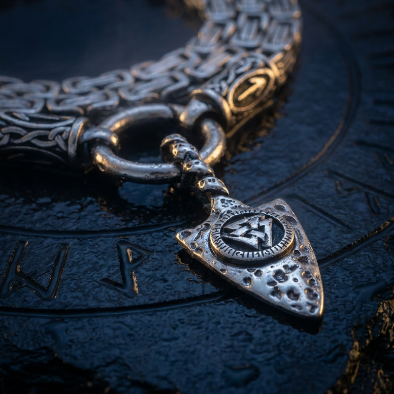 Chaîne Pendentif Lance d'Odin en contexte nordique angle macro