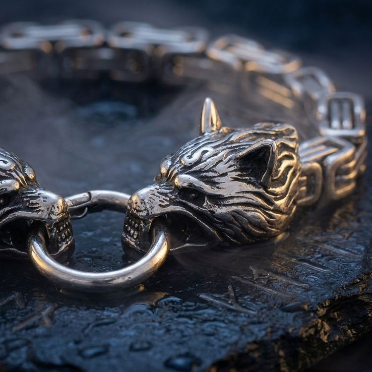 Bracelet Loups d'Odin - Geri & Freki en contexte nordique angle macro