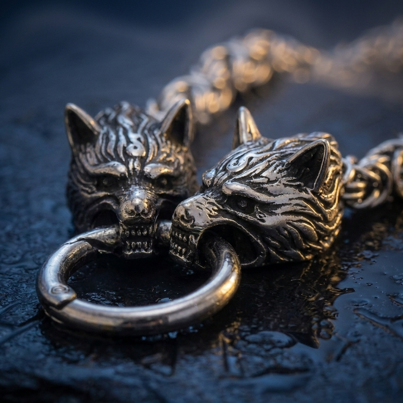 Chaîne Loup Viking en contexte nordique angle macro