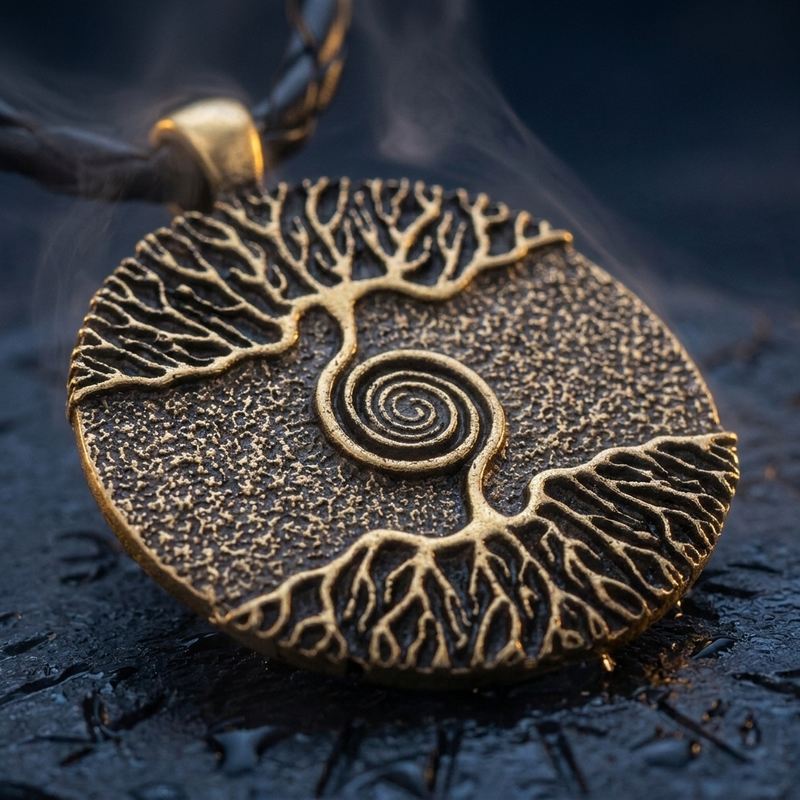 Amulette Viking Yggdrasil Arbre de Vie en contexte nordique angle macro