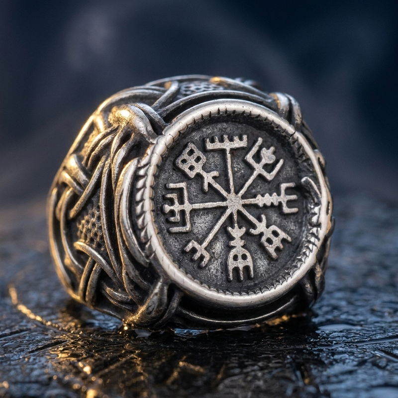 Anneau Vegvisir en contexte nordique angle macro