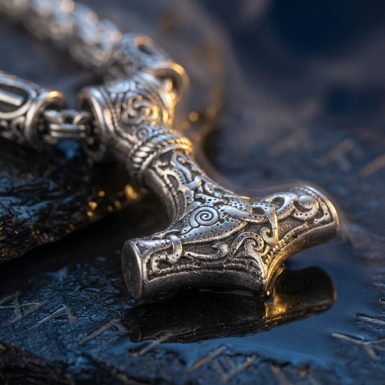 Chaîne Viking Mjöllnir en contexte nordique angle macro