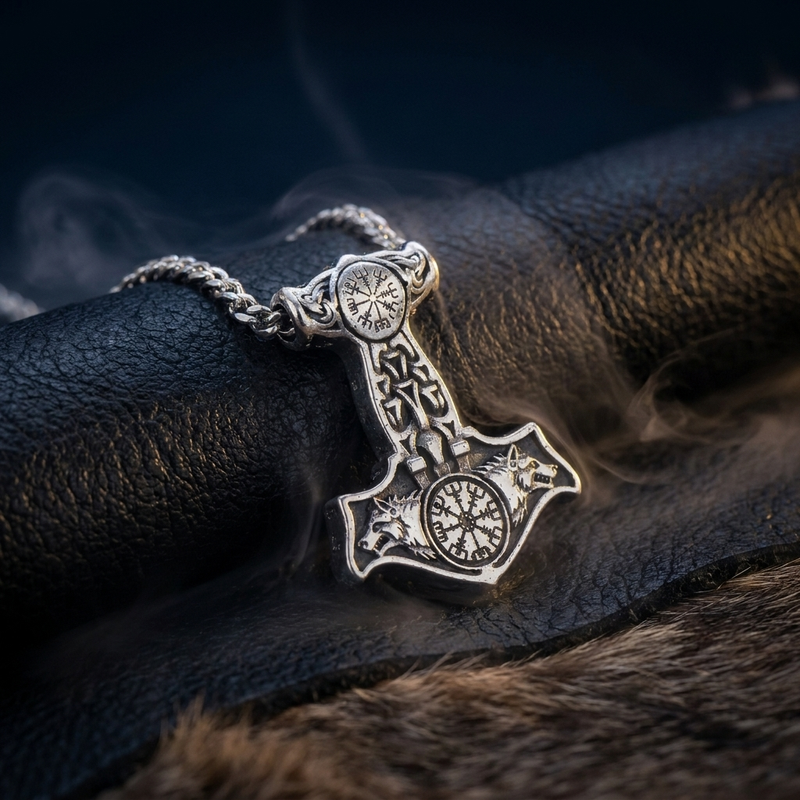 Chaîne Loup d'Odin Vegvisir Mjölnir en contexte nordique angle vue alternative