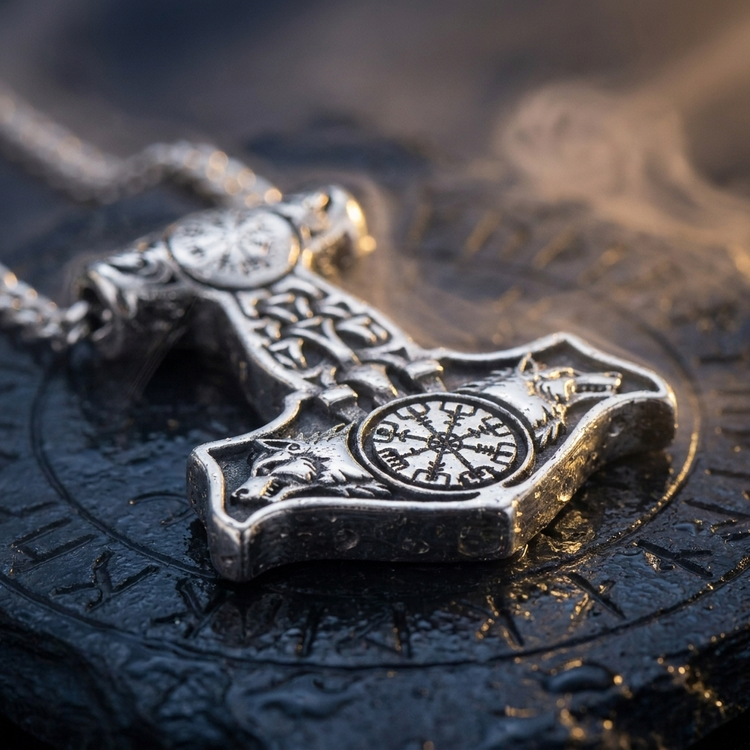 Chaîne Loup d'Odin Vegvisir Mjölnir en contexte nordique angle macro