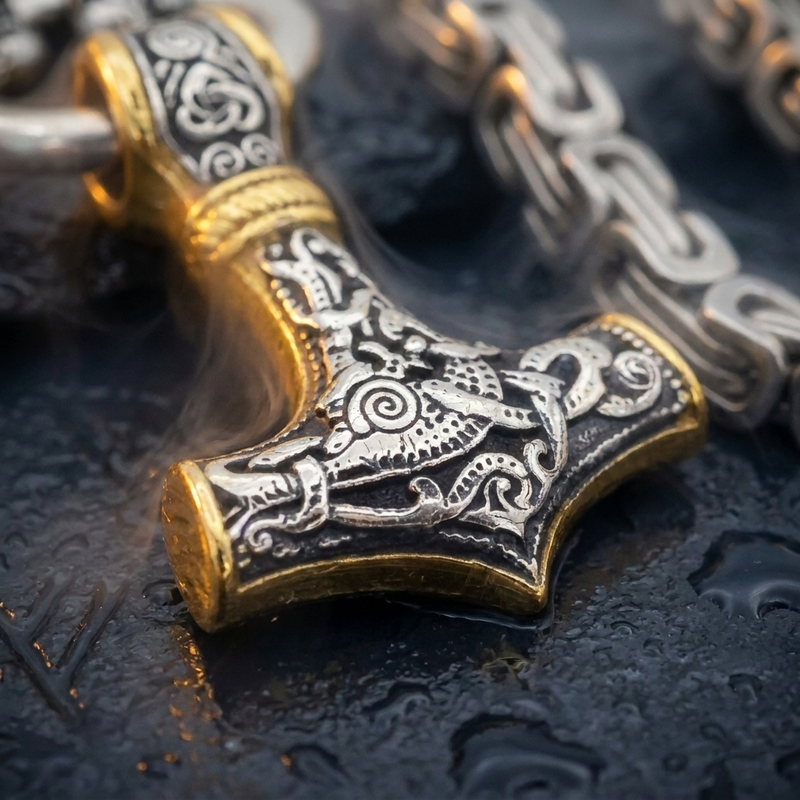 Chaîne de Roi Viking - Têtes de Loups & Mjöllnir en contexte nordique angle macro