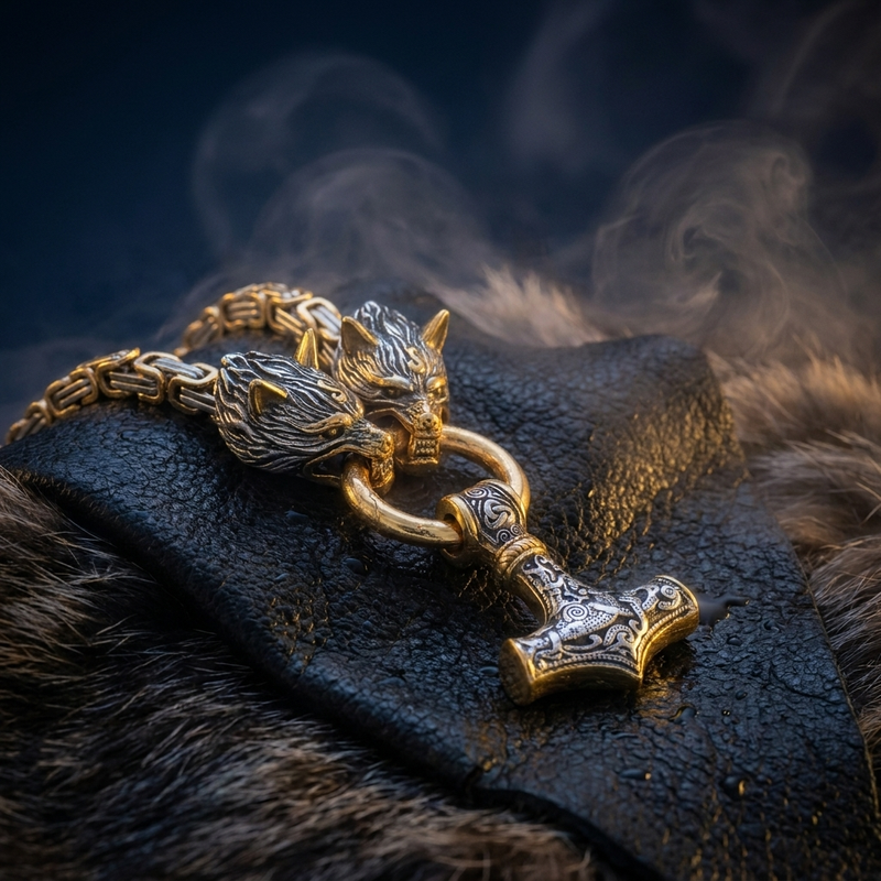 Chaîne Viking Loups & Pendentif Mjöllnir Doré/Argent en contexte nordique angle vue alternative