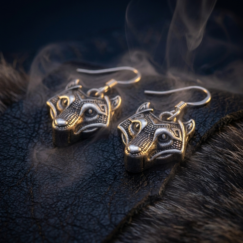 Boucles d'Oreilles Loup Viking en contexte nordique angle vue alternative