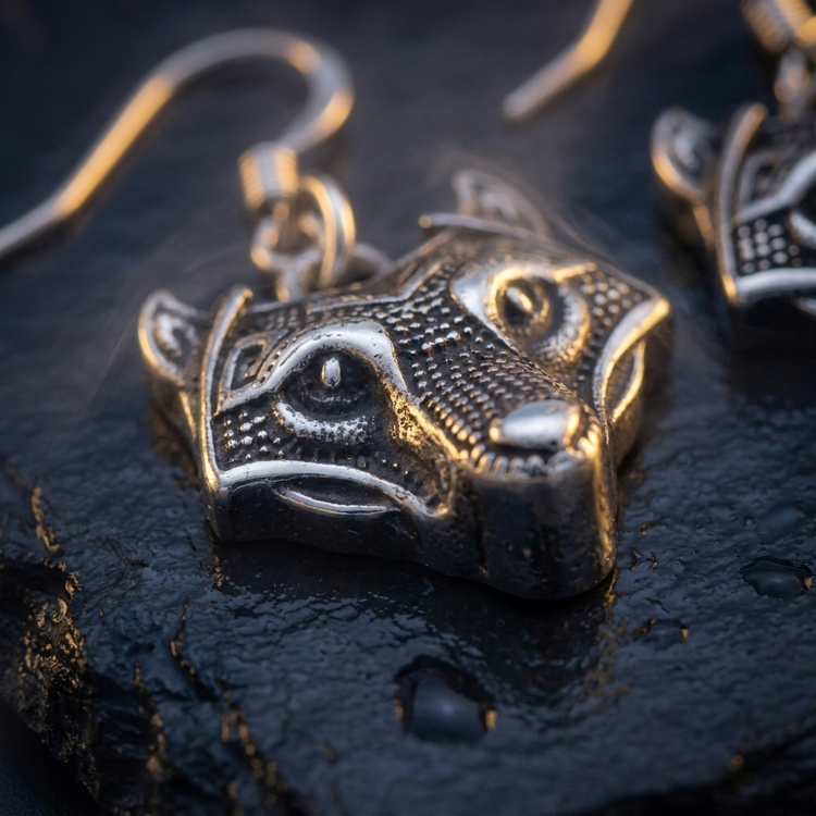 Boucles d'Oreilles Loup Viking en contexte nordique angle macro