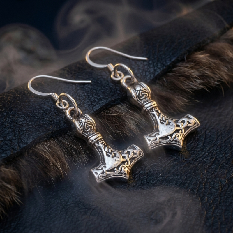 Boucles d'Oreilles Viking Mjöllnir en contexte nordique angle vue alternative
