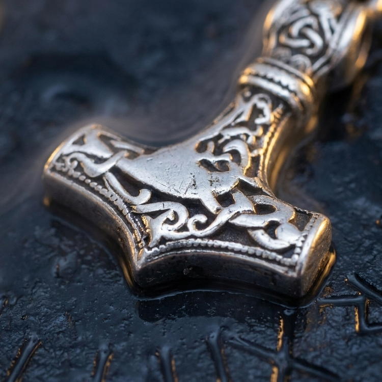 Boucles d'Oreilles Viking Mjöllnir en contexte nordique angle macro