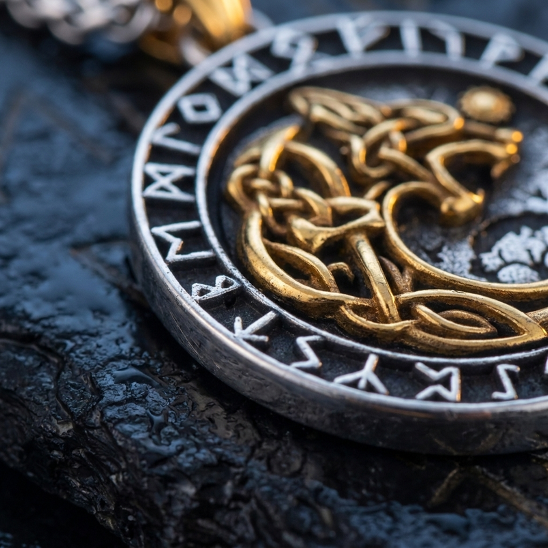 Collier Fenrir avec Médaille Runes en contexte nordique angle macro