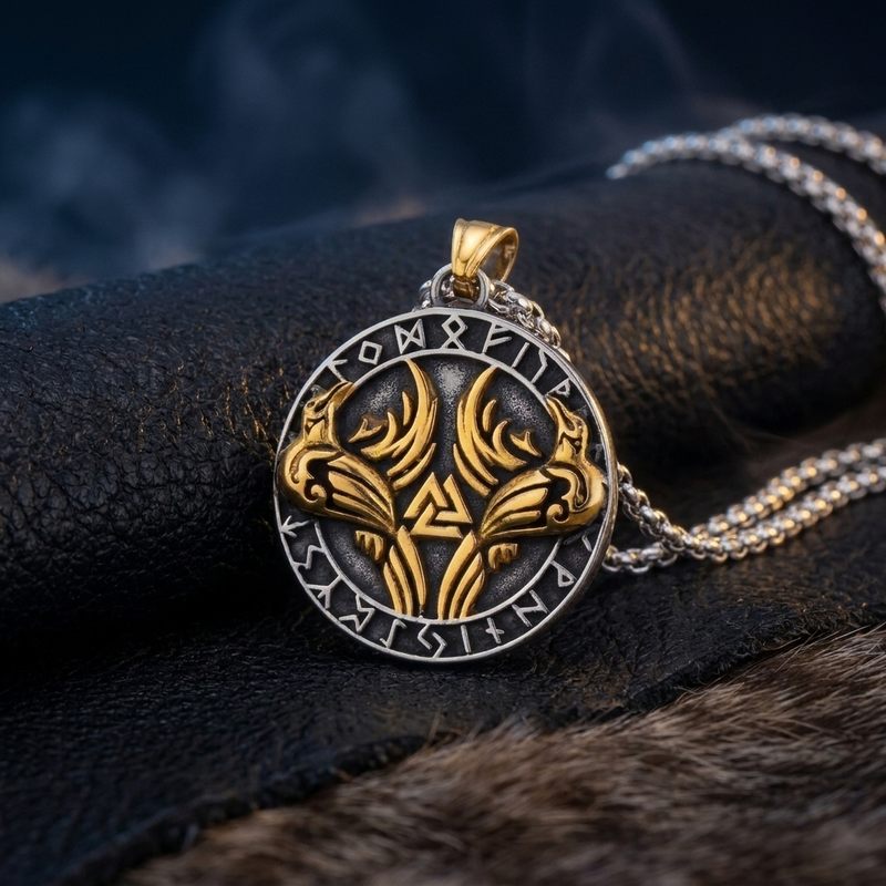 Pendentif Viking Hugin et Munin en contexte nordique angle vue alternative