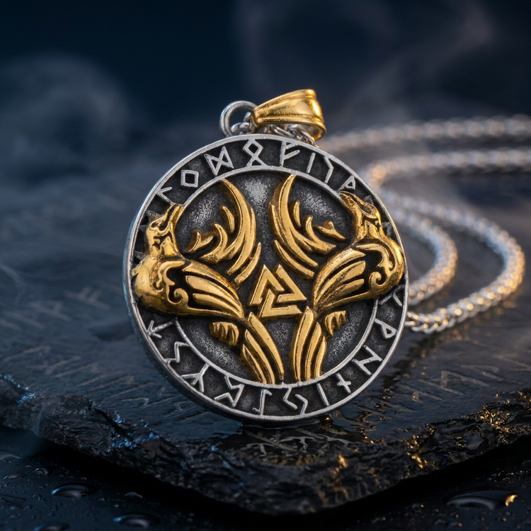 Pendentif Viking Hugin et Munin en contexte nordique angle macro
