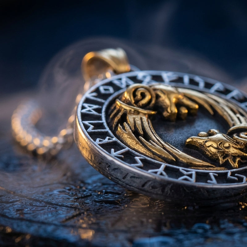 Pendentif Loups Sköll et Hati en contexte nordique angle macro