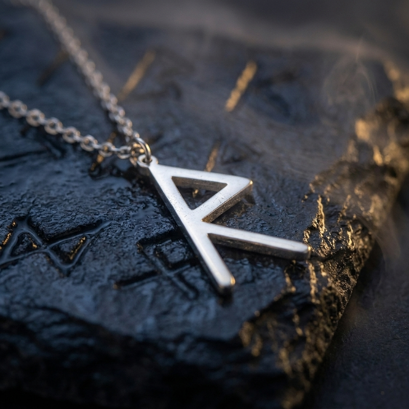 Collier Viking Pendentif Runes Argenté en contexte nordique angle macro