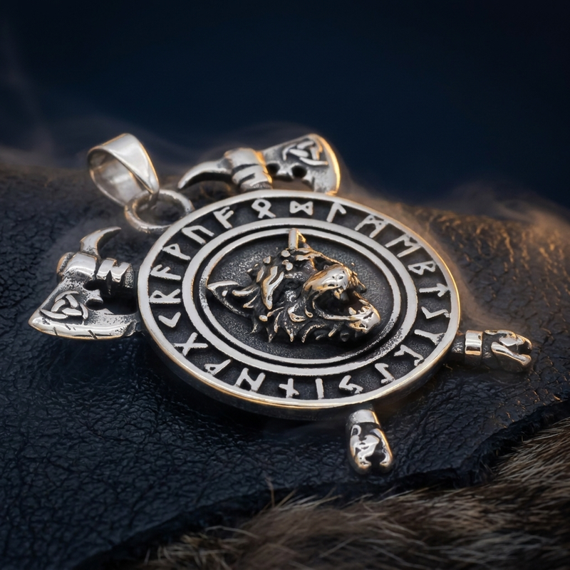Amulette Viking Loup Fenrir en contexte nordique angle vue alternative