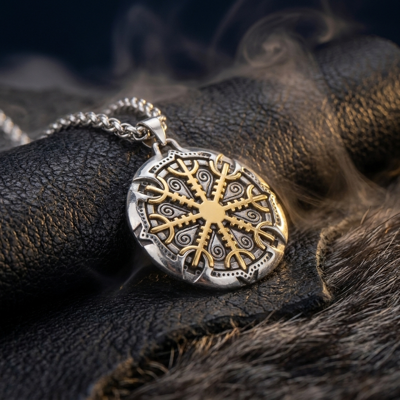 Collier Viking Symbole Vegvisir en contexte nordique angle vue alternative