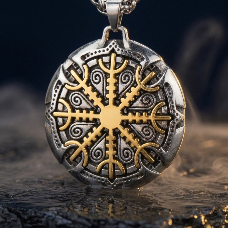 Collier Viking Symbole Vegvisir en contexte nordique angle macro