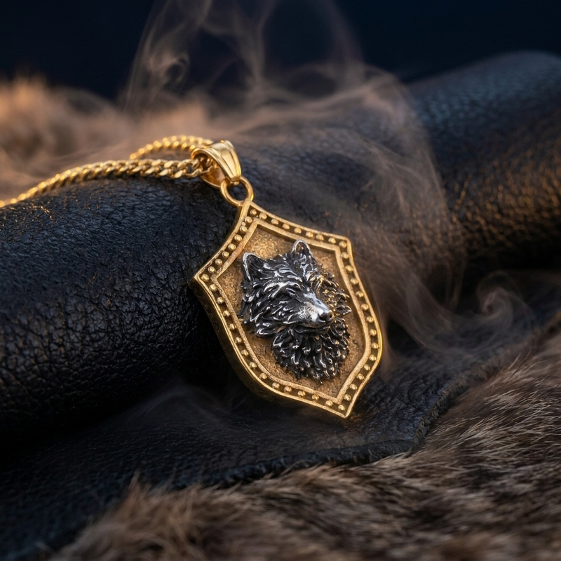 Collier Viking Loup Geri et Freki en contexte nordique angle vue alternative