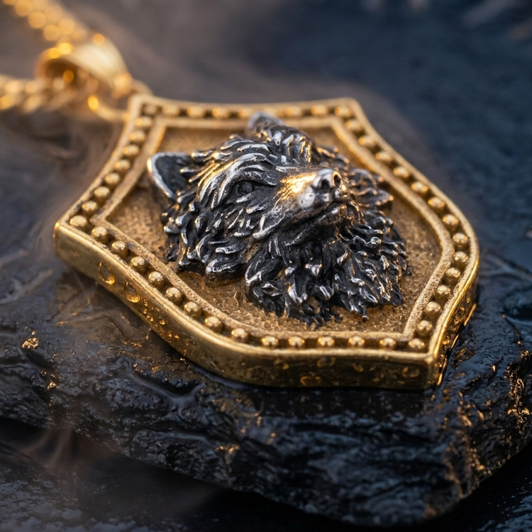 Collier Viking Loup Geri et Freki en contexte nordique angle macro