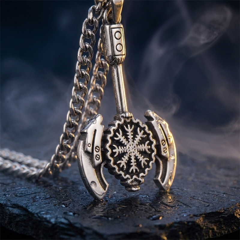 Collier Viking Hâche Vegvisir en contexte nordique angle macro