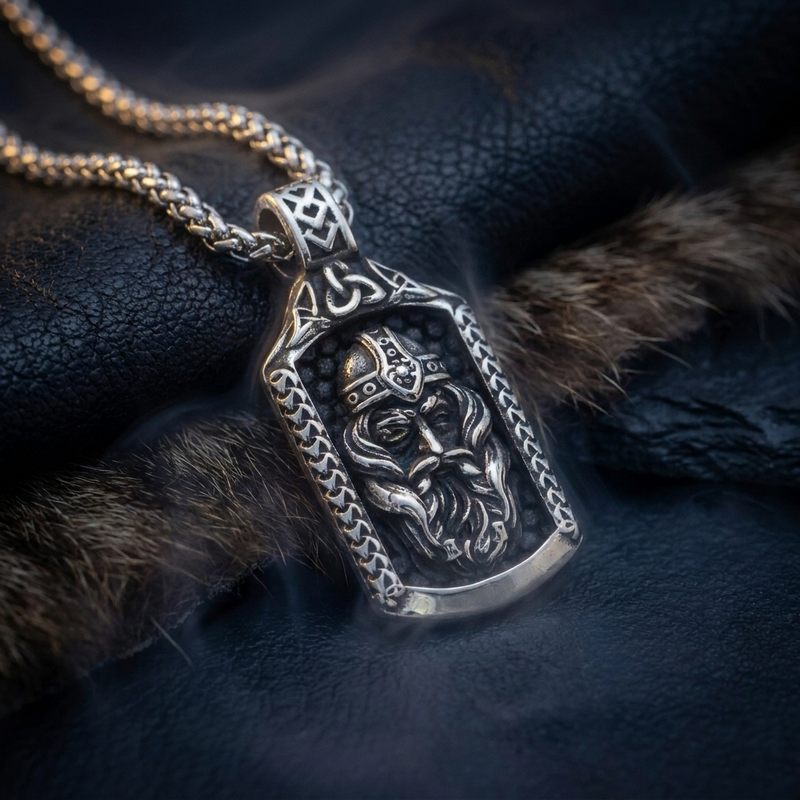 Collier Amulette Roi Odin en contexte nordique angle vue alternative