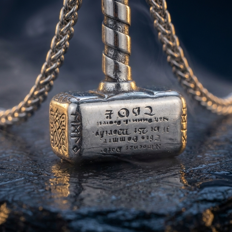 Pendentif Runes du Marteau de Thor en contexte nordique angle macro