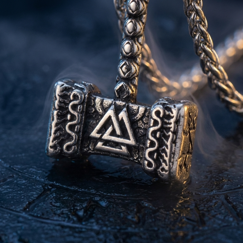 Pendentif Vegvisir du Marteau de Thor en contexte nordique angle macro