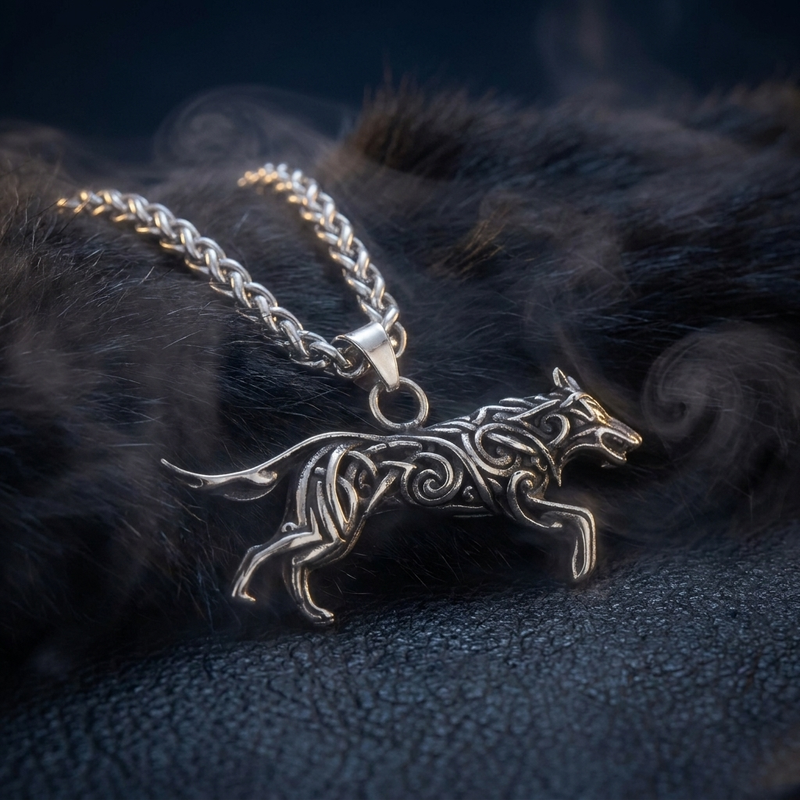 Collier Viking Loup Fenrir en contexte nordique angle vue alternative
