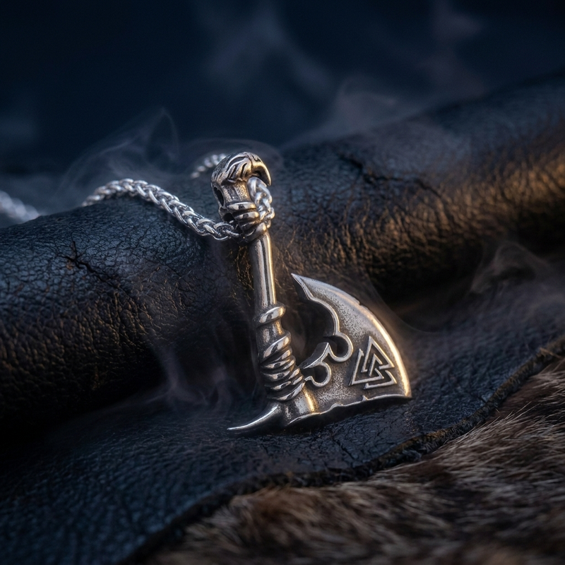 Collier Viking Hâche Valknut en contexte nordique angle vue alternative