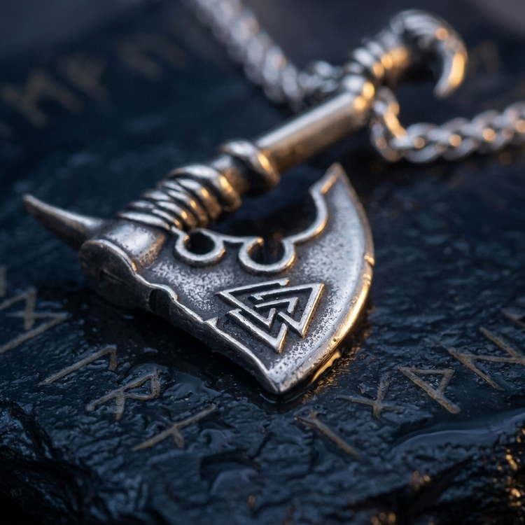 Collier Viking Hâche Valknut en contexte nordique angle macro
