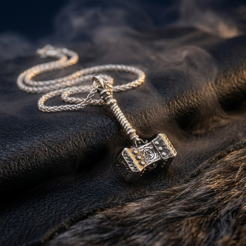 Collier Viking Marteau de Thor en contexte nordique angle vue alternative