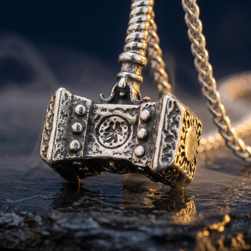 Collier Viking Marteau de Thor en contexte nordique angle macro
