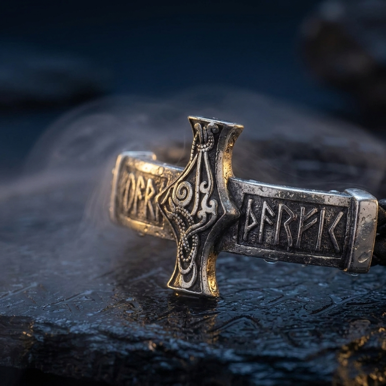 Bracelet Amulette Marteau de Thor en contexte nordique angle macro