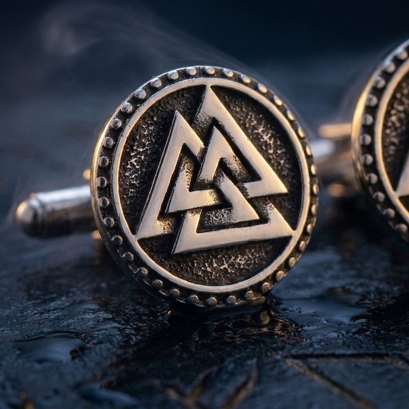 Bouton de Manchette Viking Valknut en contexte nordique angle macro