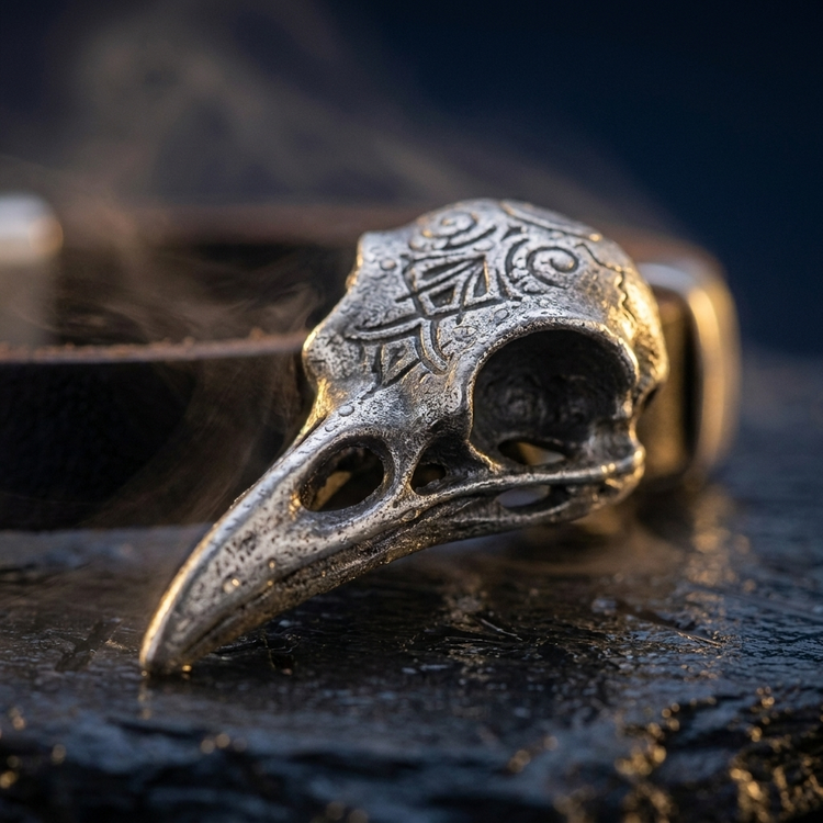 Bracelet Amulette Corbeau d'Odin en contexte nordique angle macro