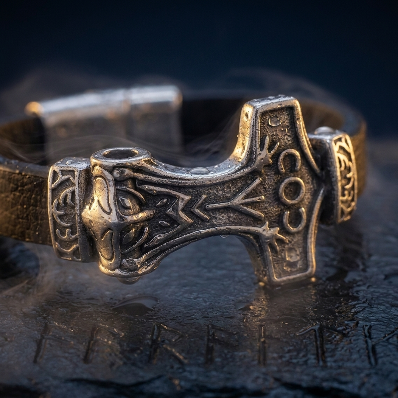 Bracelet Viking Rune Nordique en contexte nordique angle macro