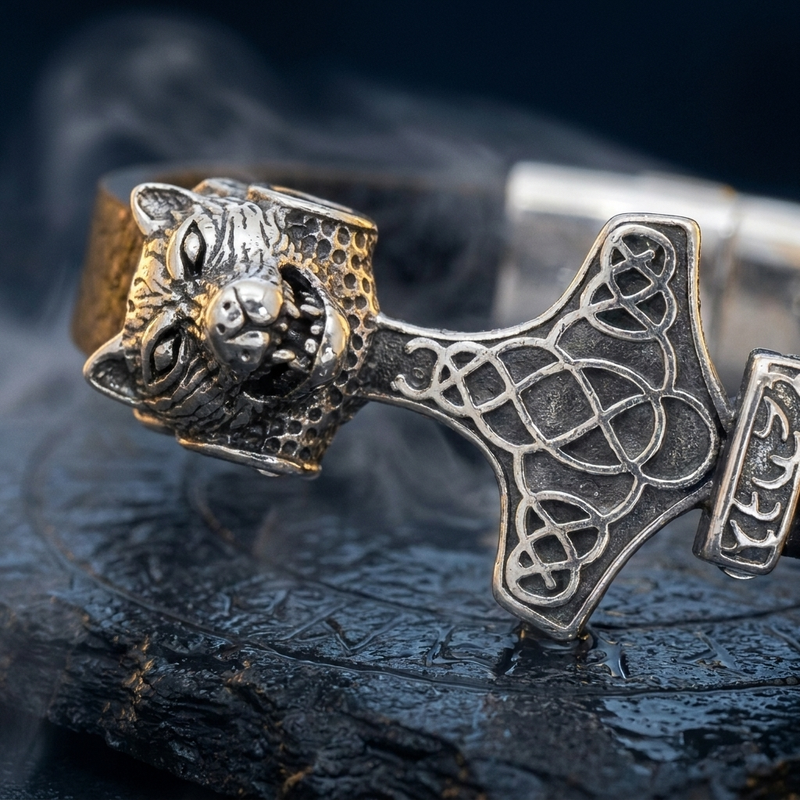 Bracelet Viking Loup Fenrir en contexte nordique angle macro