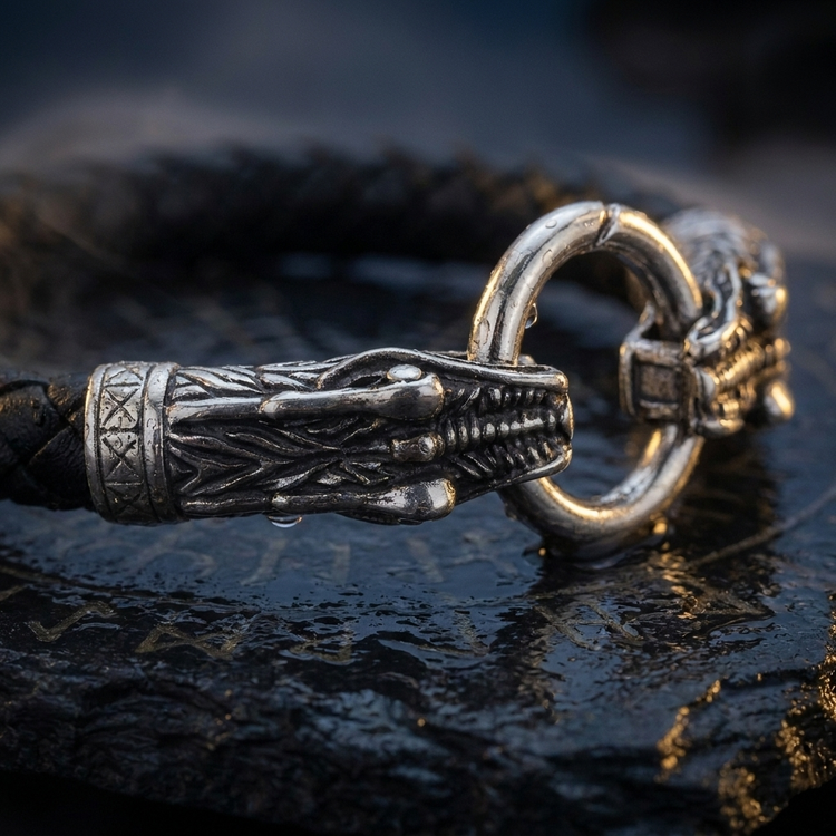 Bracelet Viking Serpent du Monde en contexte nordique angle macro