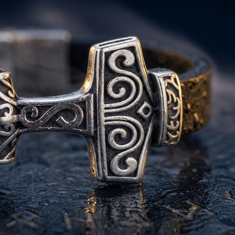 Bracelet Viking Marteau de Thor Mjöllnir en contexte nordique angle macro